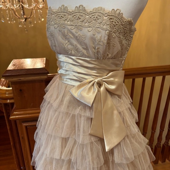 Champagne Gold Dress w/Bow and Tulle Fairiycore Ethereal Romantic Sweet - Picture 3 of 16